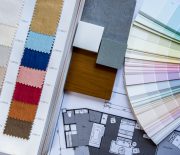 Interior illustration sketch with material color scheme concept on white table