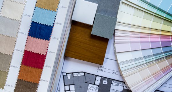 Interior illustration sketch with material color scheme concept on white table